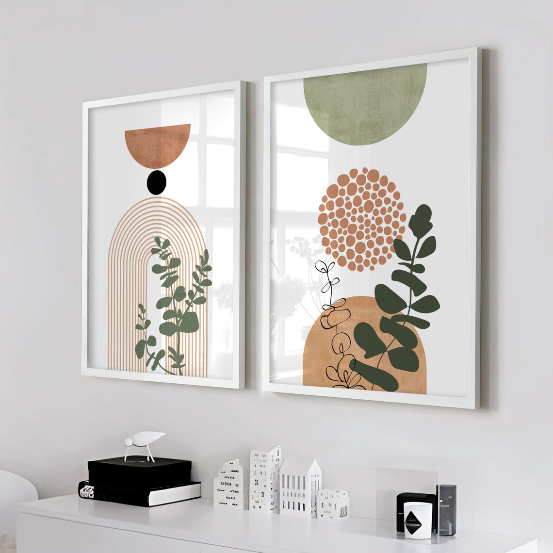 Terracotta Green Mid Century Modern Wall Art Set of 3 Print. - Etsy