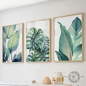 Green tropical Leaves art set of 3 prints. Modern botanical greenery gallery wall set prints. Nature wall art set, preppy room decor