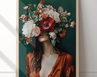 Emerald Green Abstract People Art – Woman with Flowers Print, Female Portrait Painting, Abstract Floral Figurative Wall Art