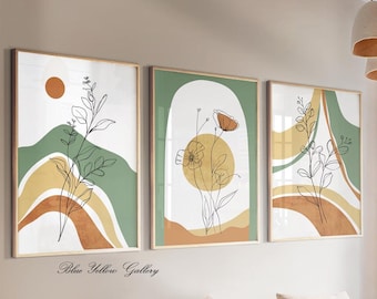 Set of 3 Boho Wall Art Prints, Sage Green and Terracotta Mid Century Modern Gallery Wall, Neutral Minimalist Posters for Living Room