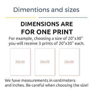 May include: Image showing dimensions and sizes for prints. Text reads: "DIMENSIONS ARE FOR ONE PRINT. For example, choosing a size of 20"x30" you will receive 3 prints of 20"x30" each." Three rectangular prints are labeled "20x30".