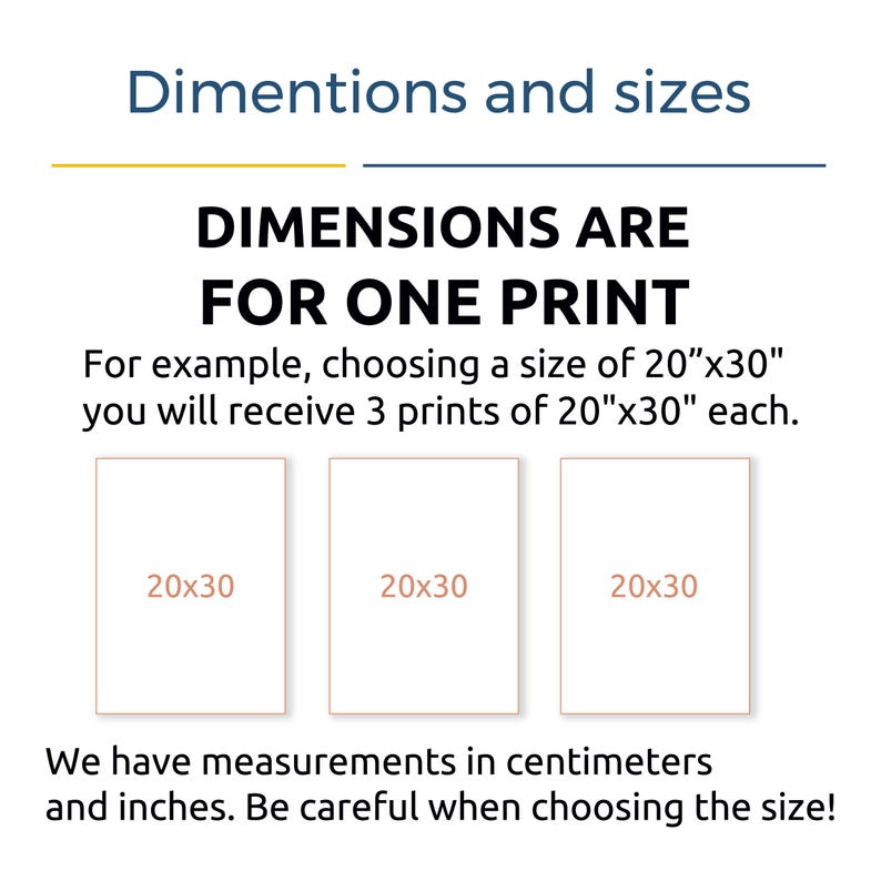 May include: Image showing dimensions and sizes for prints. Text reads: "DIMENSIONS ARE FOR ONE PRINT. For example, choosing a size of 20"x30" you will receive 3 prints of 20"x30" each." Three rectangular prints are labeled "20x30".