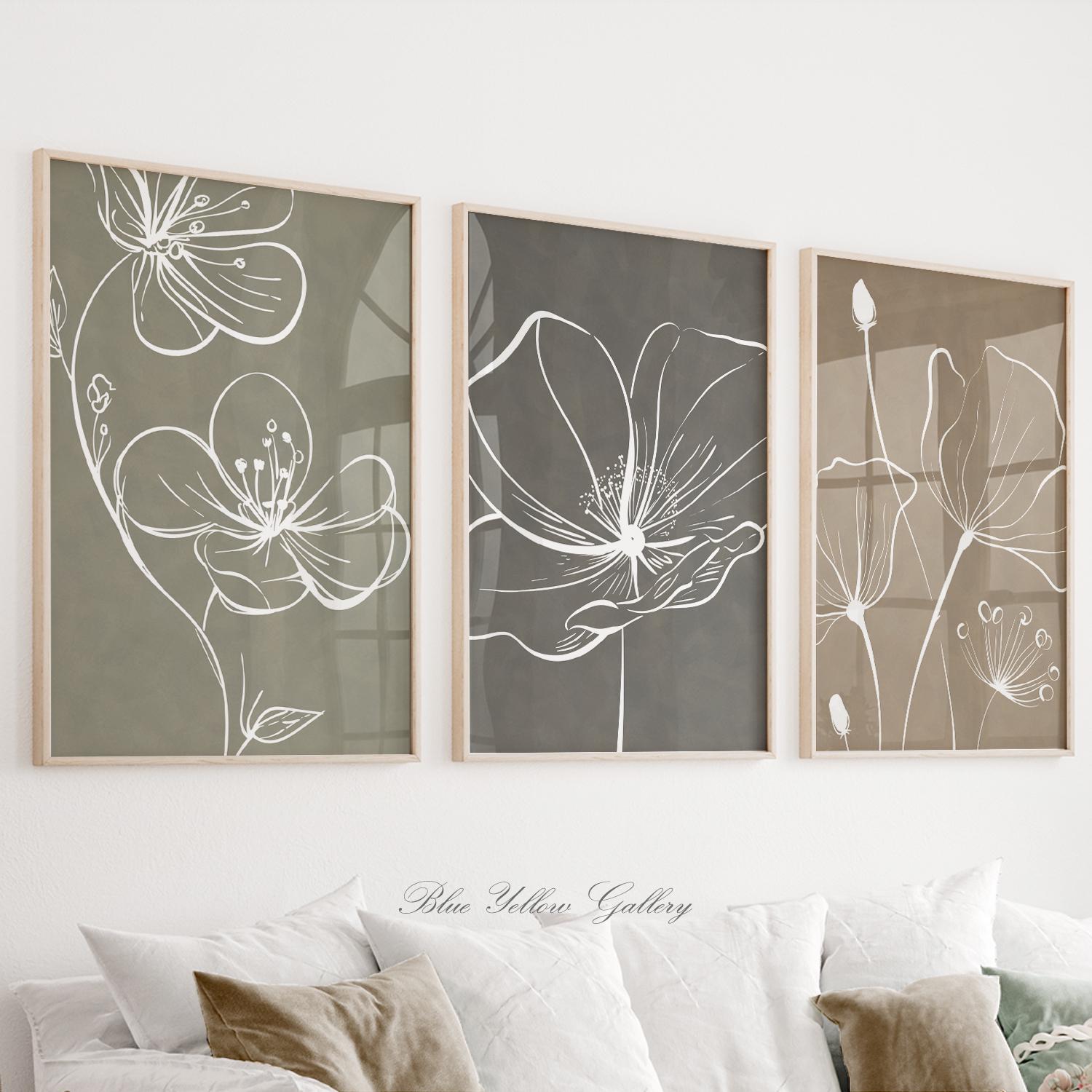 Neutral Botanical Wall Art Set of 3 Prints, Beige Sage Taupe Line Art ...