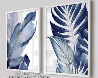 Neutral blue tropical leaves art set of 2. Botanical greenery gallery wall art prints. Modern nature wall art set, aesthetic room decor