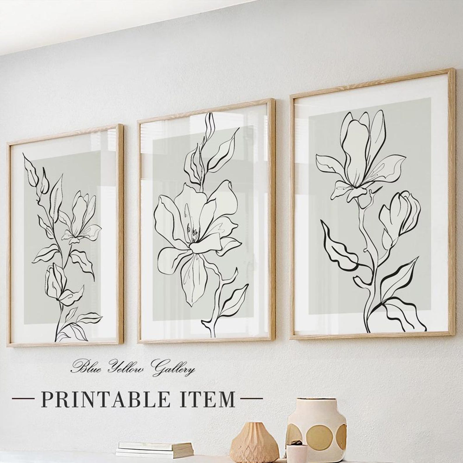 Sage Green Minimalist Flowers Set of 3 Prints. Floral Printable Gallery ...