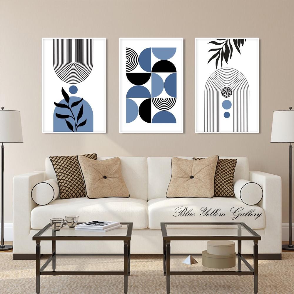 Navy Blue Mid Century Modern Wall Art Set of 3 Print. Bohemian ...