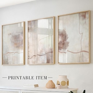 Minimalist abstract printable wall art set of 3. Pastel beige white minimal gallery wall art prints. Japandi wall decor