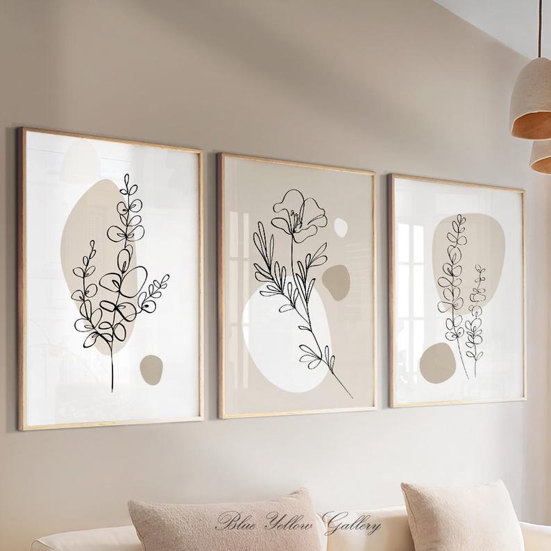 Neutral Beige Minimalist Botanical Wall Art Set of 3 Prints. Simple ...
