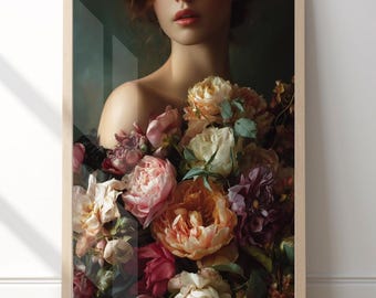Moody Floral Woman Wall Art, Dark Romantic Peony Portrait Print, Luxury Feminine Bedroom Decor, Large Statement Canvas