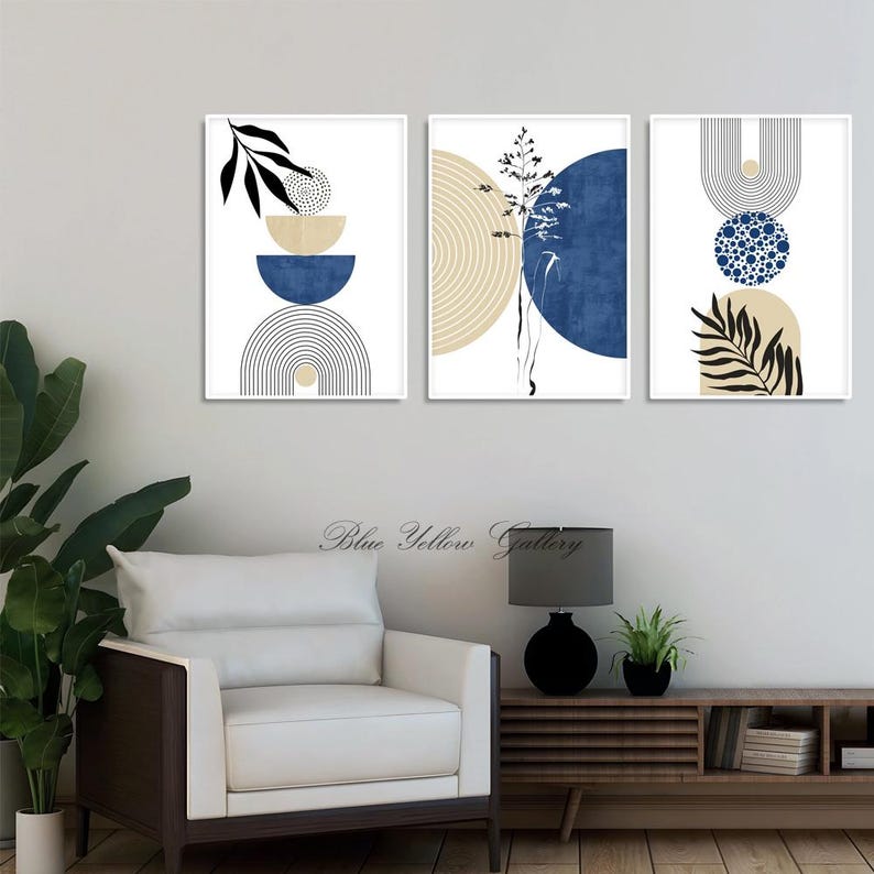 Printable Set of 3 Blue Beige Abstract Mid Century Print. Modern Boho ...