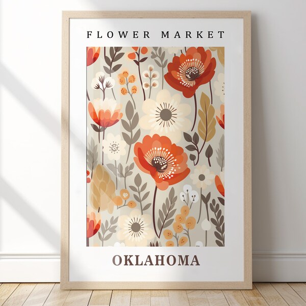 Oklahoma flower market print. USA flower market poster, Mid century modern botanical wall art, floral apartment decor