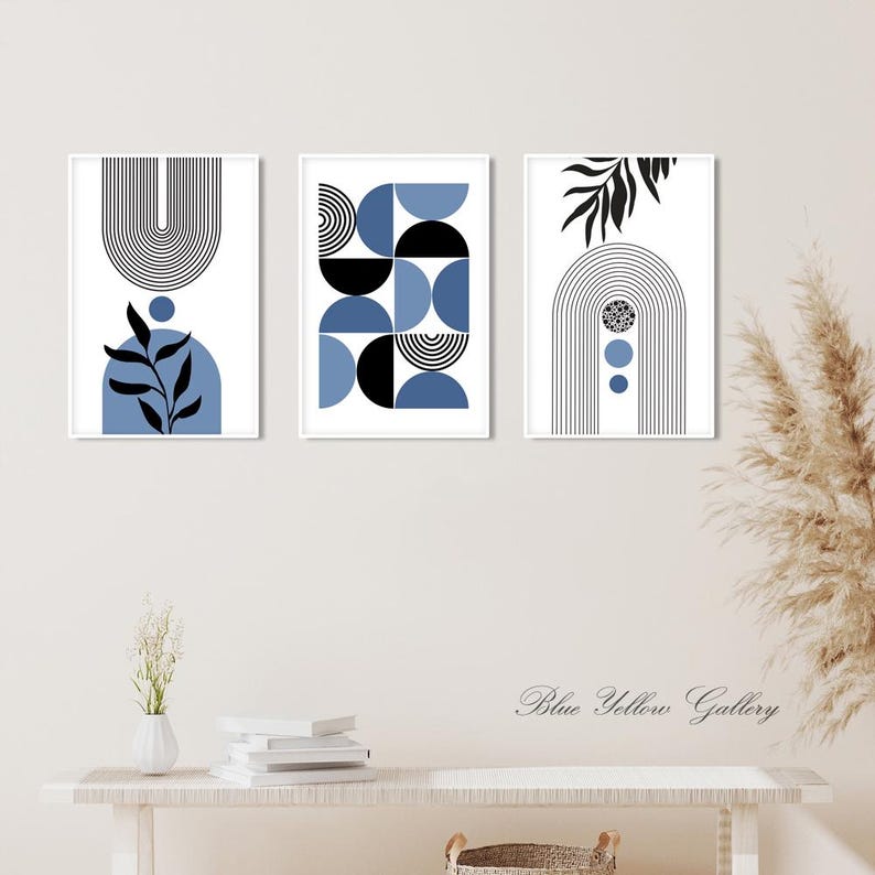 Navy Blue Mid Century Modern Wall Art Set of 3 Print. Bohemian ...