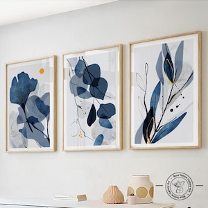 Navy blue botanical wall art set of 3. Indigo large abstract leaves art, botanical prints gallery wall set, room decor aesthetic minimalist
