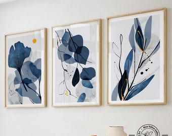 Navy blue botanical wall art set of 3. Indigo large abstract leaves art, botanical prints gallery wall set, room decor aesthetic minimalist