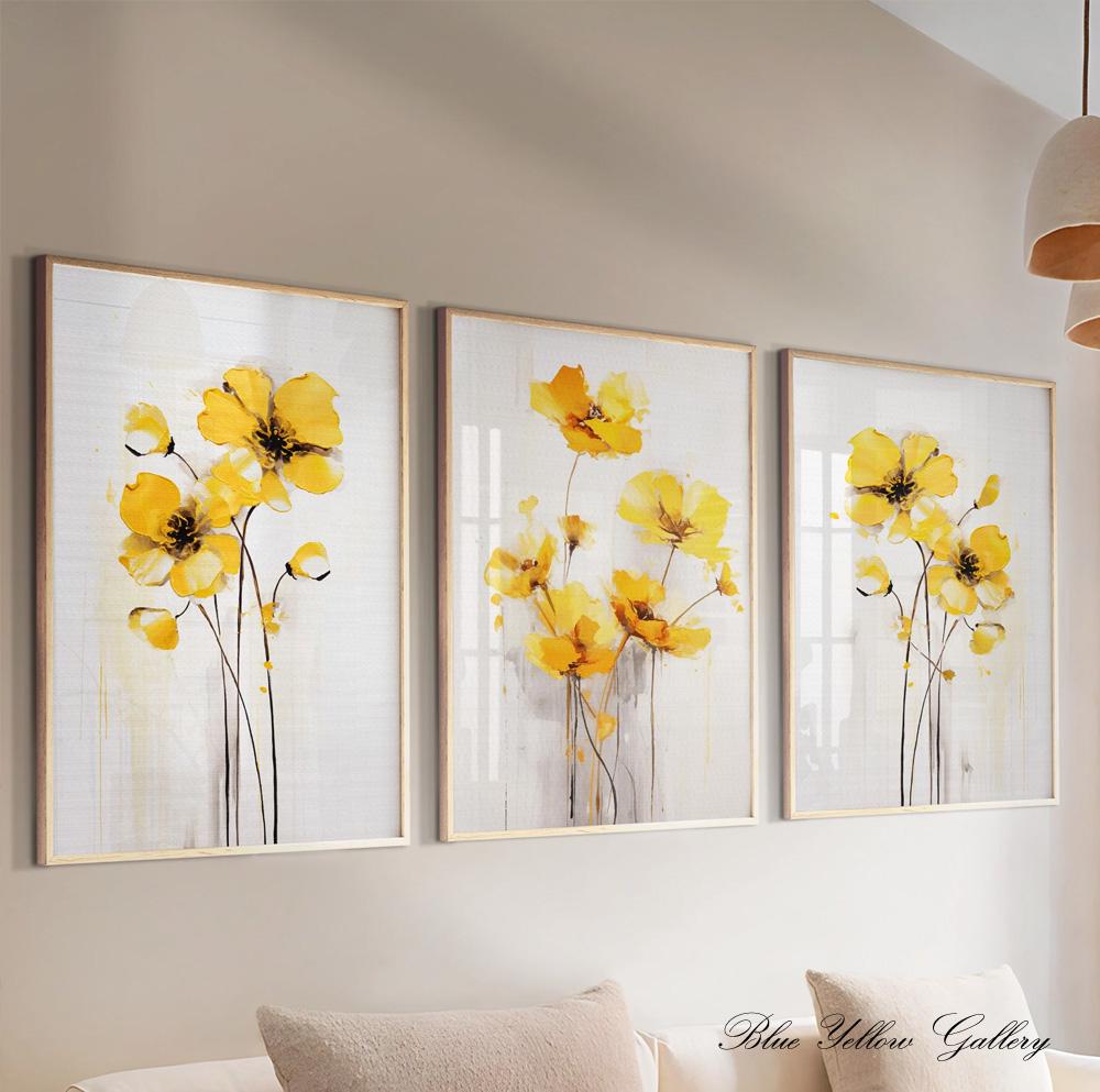 Yellow Minimalist Flowers Set of 3 Prints. Floral Gallery Wall Set ...