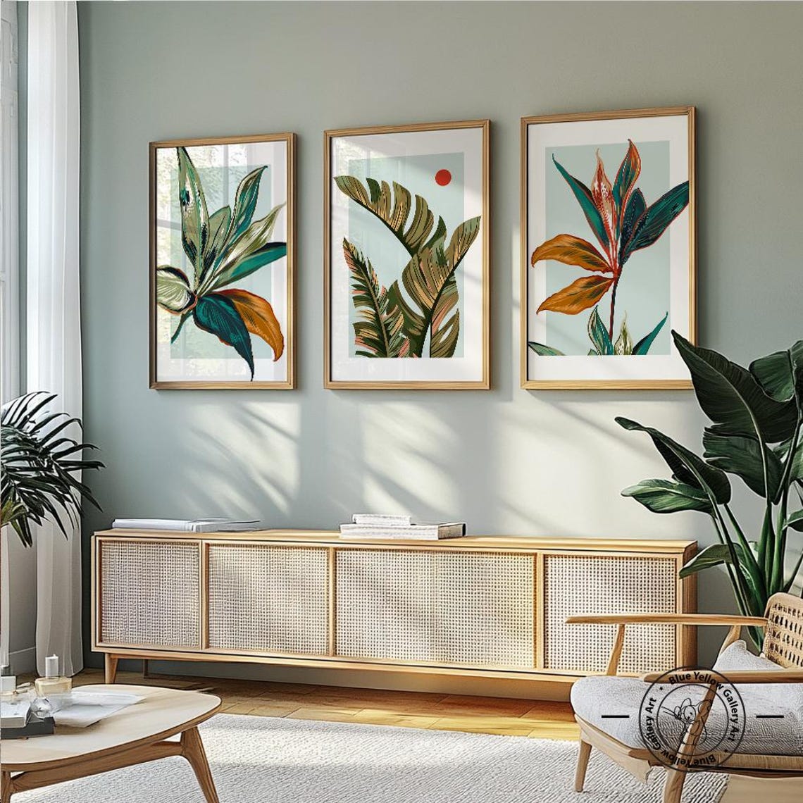 Colorful Blue Botanical Wall Art Set of 3 Prints. Modern Tropical ...