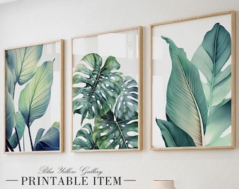 Conjunto de arte moderna para impressão com folhas de palmeira tropical verde, com 3 folhas. Impressões de arte de parede minimalistas com vegetação botânica. Conjunto de arte de parede com natureza.