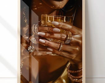 Luxury Glam Wall Art, Gold Aesthetic Hands Print, Fashion Jewelry Art, Rich Girl Decor, Dark Luxury Wall Art, Statement Wall Art