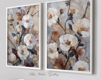 Neutral Abstract Leaves Wall Art Set of 2 | Blue Beige Nature Paintings | Modern Botanical Prints
