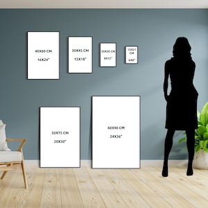 May include: A collection of framed art prints in various sizes, including 16x24 inches, 12x18 inches, 8x12 inches, 6x8 inches, 20x30 inches, and 24x36 inches. The prints are displayed against a blue wall, with a silhouette of a person and a plant.