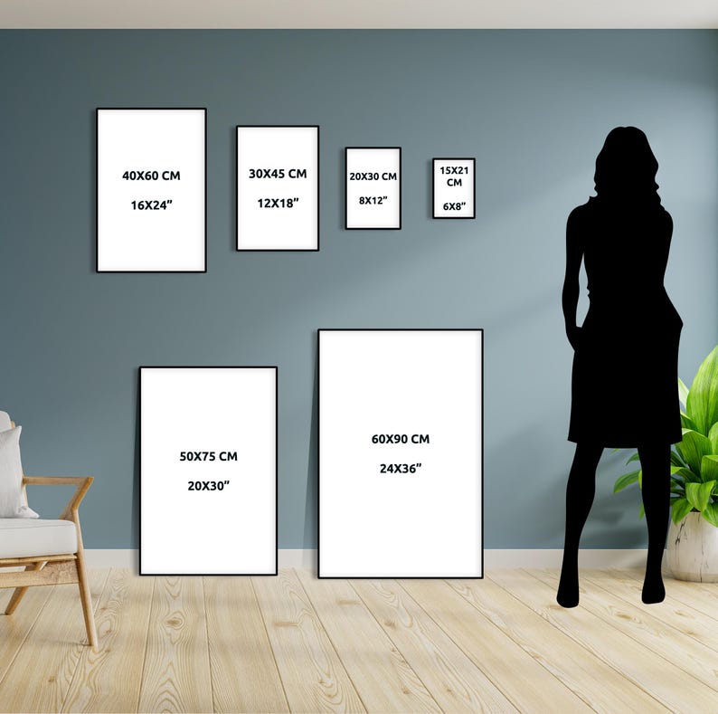 May include: A collection of framed art prints in various sizes, including 16x24 inches, 12x18 inches, 8x12 inches, 6x8 inches, 20x30 inches, and 24x36 inches. The prints are displayed against a blue wall, with a silhouette of a person and a plant.