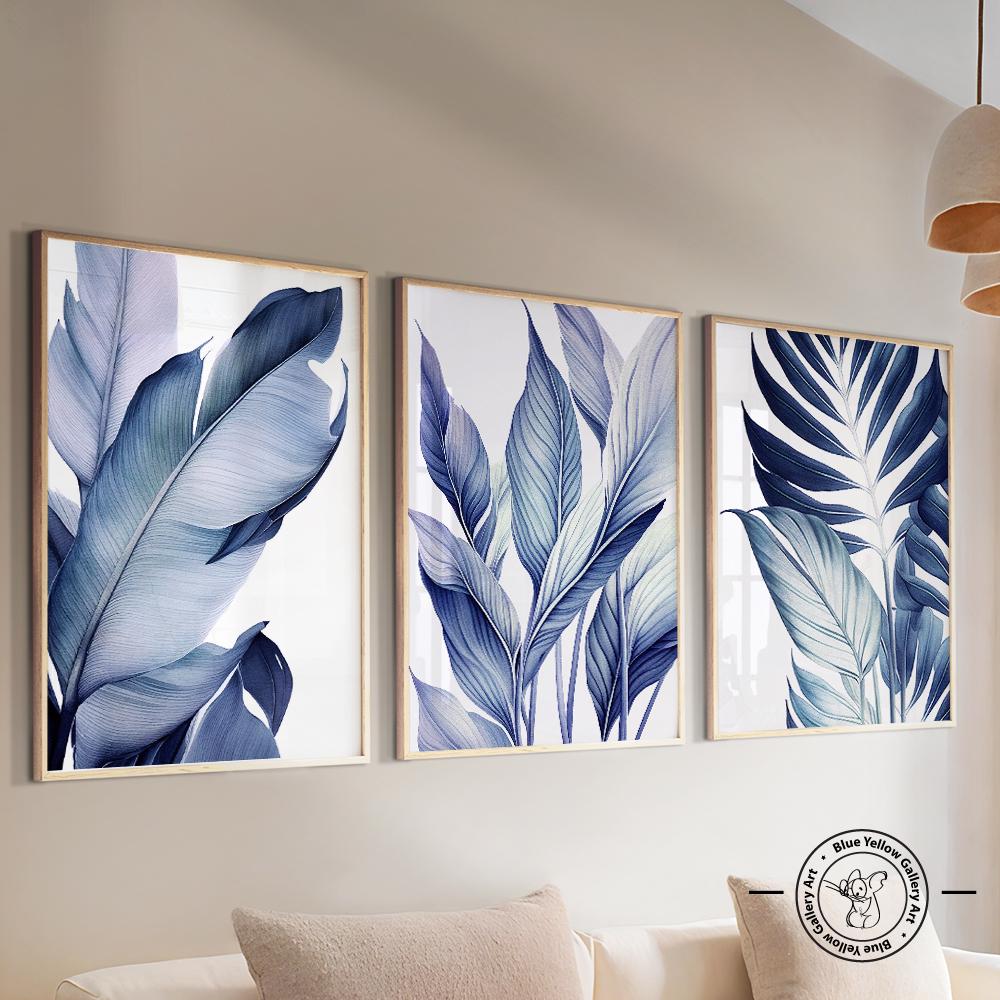 Navy Blue Tropical Palm Leaves Printable Art Set of 3. Modern Botanical ...