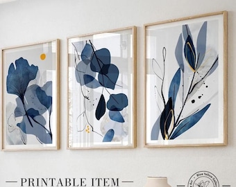 Marineblau Aquarell botanische nordische druckbare Kunst 3er-Set