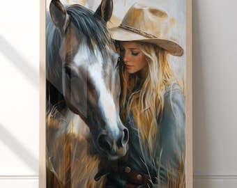 Woman with Horse Print, Modern Western Wall Decor, Cowgirl Figurative Art, Horse Lowers gift, Rustic Farmhouse Decor