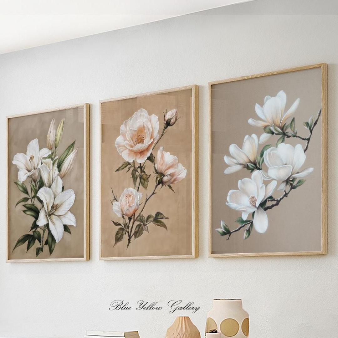 Neutral Floral Wall Art Set of 3 Prints. Modern Minimalist Nature ...