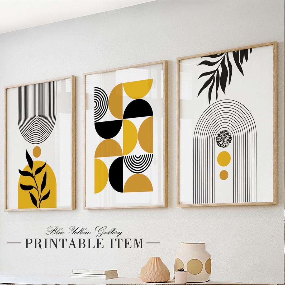 Mustard Yellow Black Mid Century Modern Abstract Wall Art Set of 3 ...