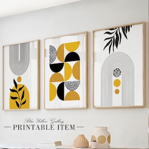 Mustard yellow black mid century modern abstract wall art set of 3 prints. Bohemian minimalist gallery wall set, room decor aesthetic boho
