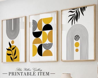 Mustard yellow black mid century modern abstract wall art set of 3 prints. Bohemian minimalist gallery wall set, room decor aesthetic boho