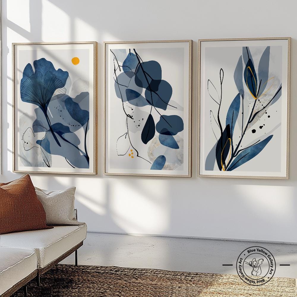 Navy Blue Watercolor Botanical Nordic Printable Art Set of 3. Indigo ...