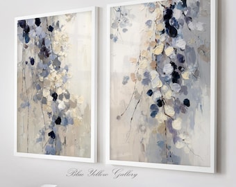 Neutral Abstract Leaves Wall Art Set of 2 | Blue Beige Nature Paintings | Modern Botanical Prints