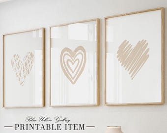 Conjunto de arte para impressão de 3 corações em bege neutro, estampa minimalista para quarto, decoração acima da cama, estampa de casal. Decoração para casa no Dia dos Namorados.