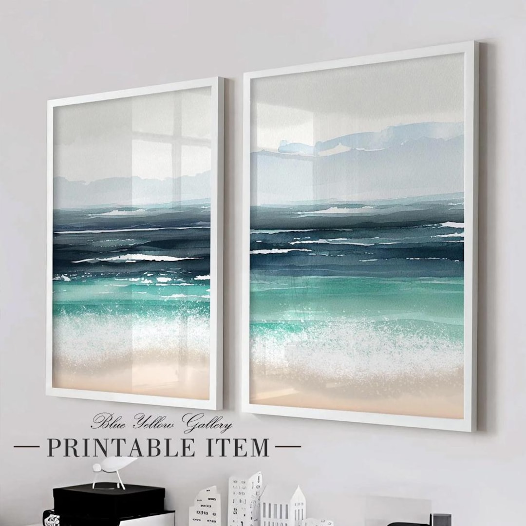 Printable Abstract Ocean Wall Art Set of 2. Minimalist Coastal ...