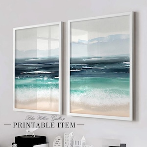 Printable abstract ocean wall art set of 2. Minimalist coastal turquoise blue seascape, ocean waves on beach print. Digital wall art