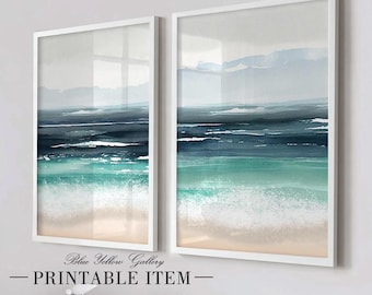 Printable abstract ocean wall art set of 2. Minimalist coastal turquoise blue seascape, ocean waves on beach print. Digital wall art