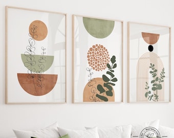 3er Set Boho Terracotta Green Galeriewandkunst. Neutrale minimalistische Wohnzimmerdrucke