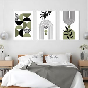 Black olive green boho printable art set of 3 prints. Mid century modern abstract wall art, neutral room decor aesthetic boho posters