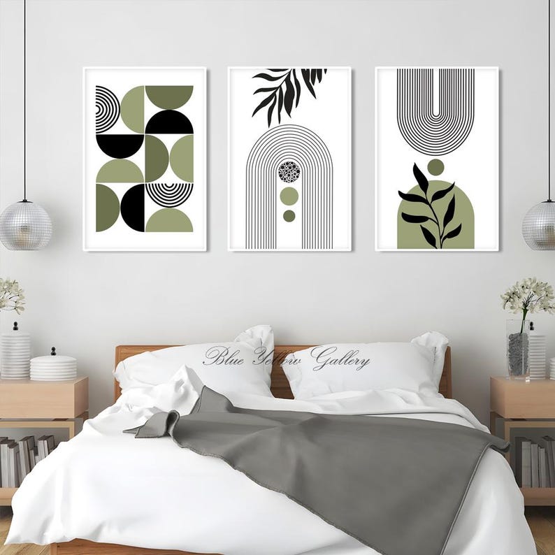 Black olive green boho printable art set of 3 prints. Mid century modern abstract wall art, neutral room decor aesthetic boho posters
