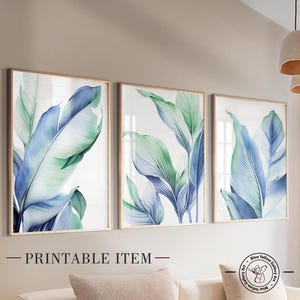 Green blue tropical leaves wall art set of 3 prints. Botanical gallery wall set prints, tropical leaf posters, colorful nature wall decor