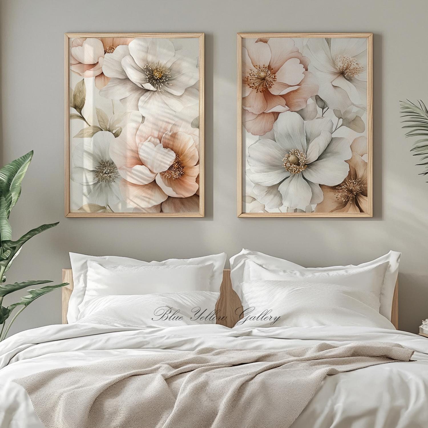 Neutral Vintage Botanical Wall Art Set of 2 Print. Mid Century Flower ...