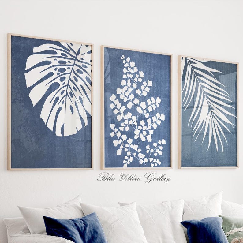 Navy Blue Tropical Palm Leaves Printable Art Set of 3. Modern Mid ...