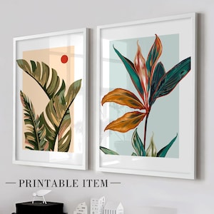 Minimalist colorful botanical printable art set of 2 prints. Modern tropical leaves gallery wall art prints. Bright botanical wall art set
