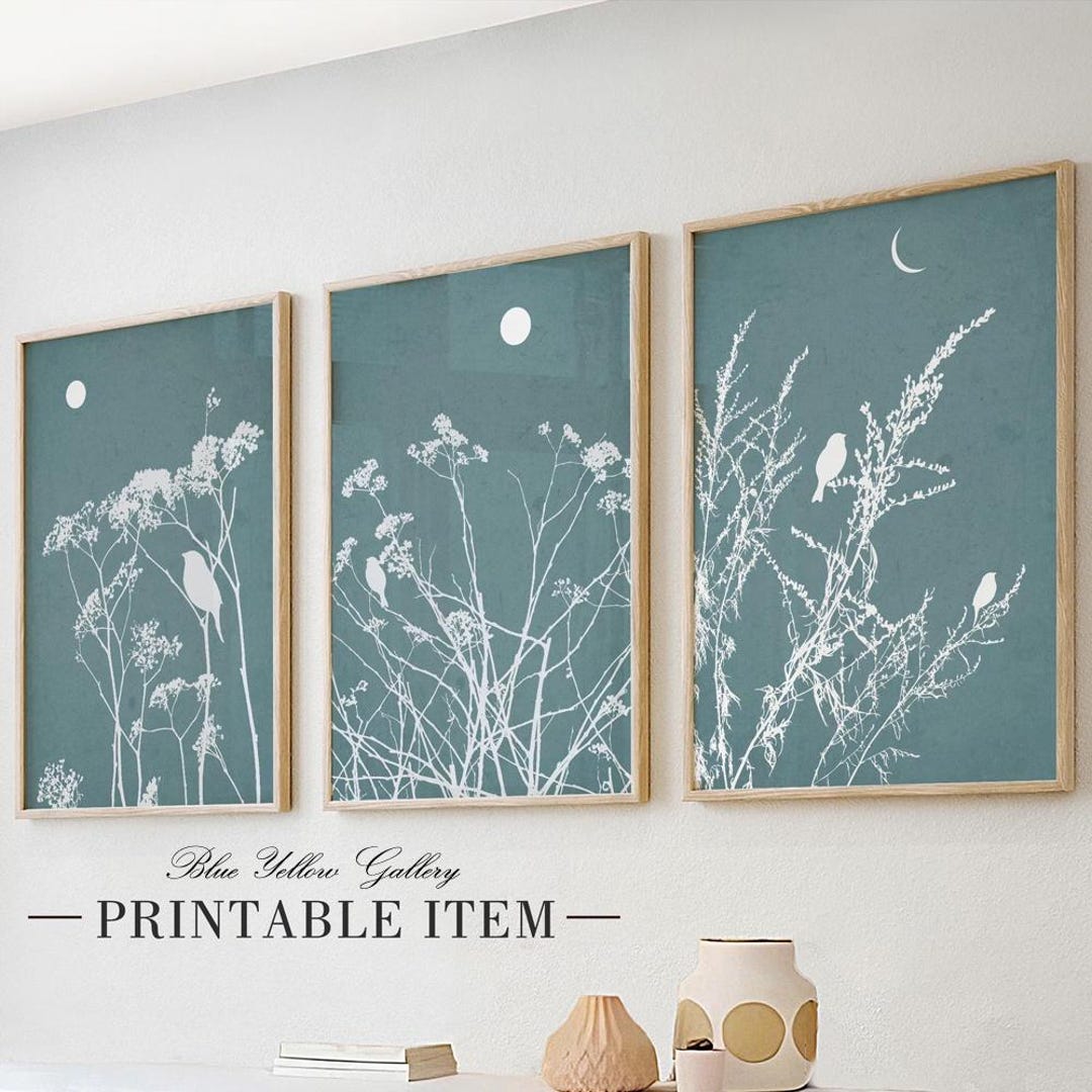Blue Boho Farmhouse Wall Art Set of 3 Prints. Mid Century Modern ...