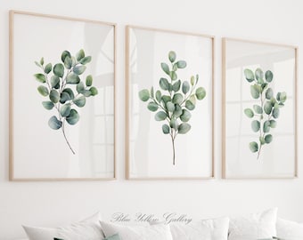 May include: Three framed botanical prints featuring watercolor eucalyptus branches with green and blue-green leaves. The prints are in light wood frames and are displayed on a white wall above a white sofa with green pillows.