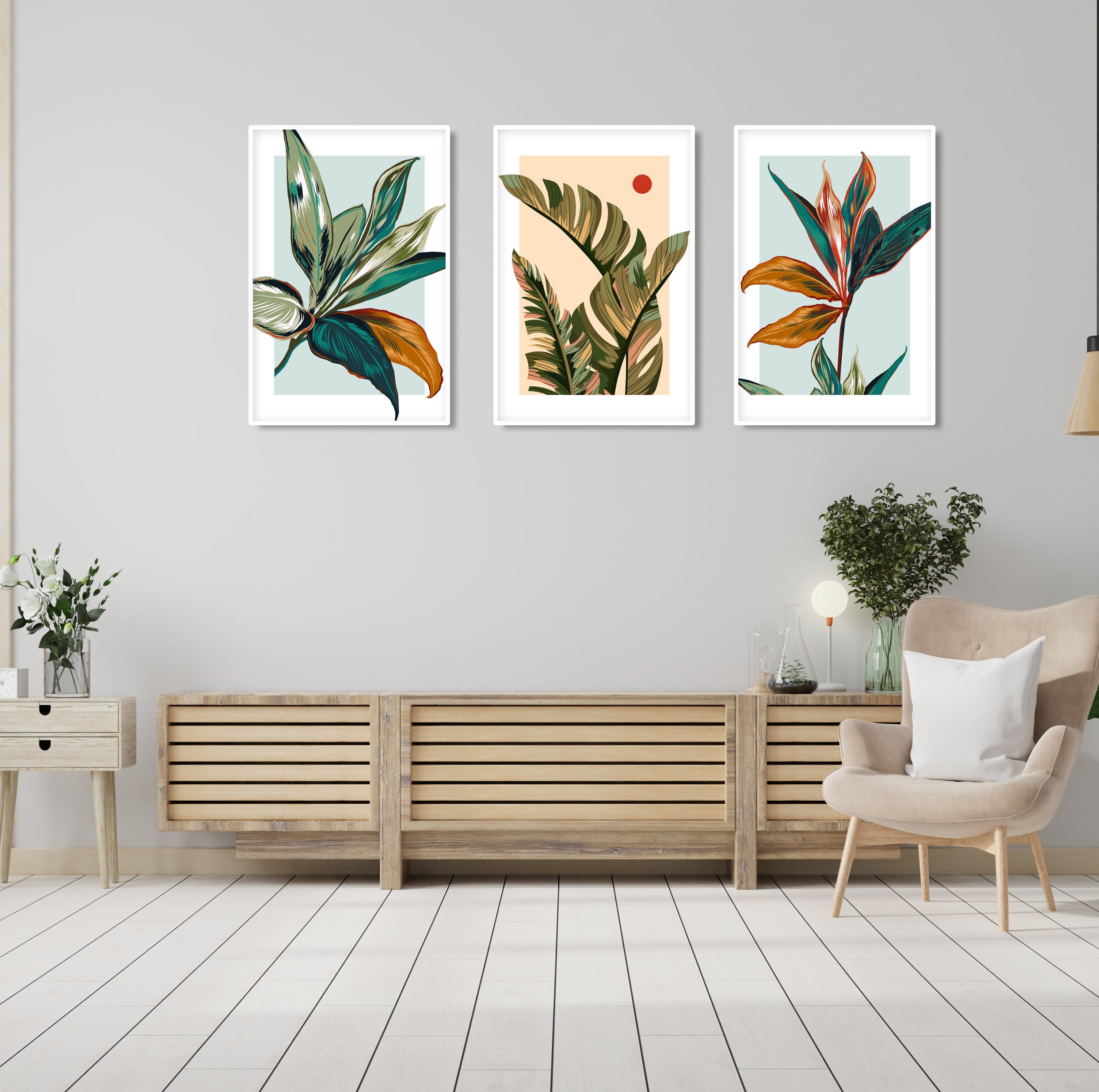 Colorful Floral Wall Art Set of 3 Prints. Modern Tropical Etsy