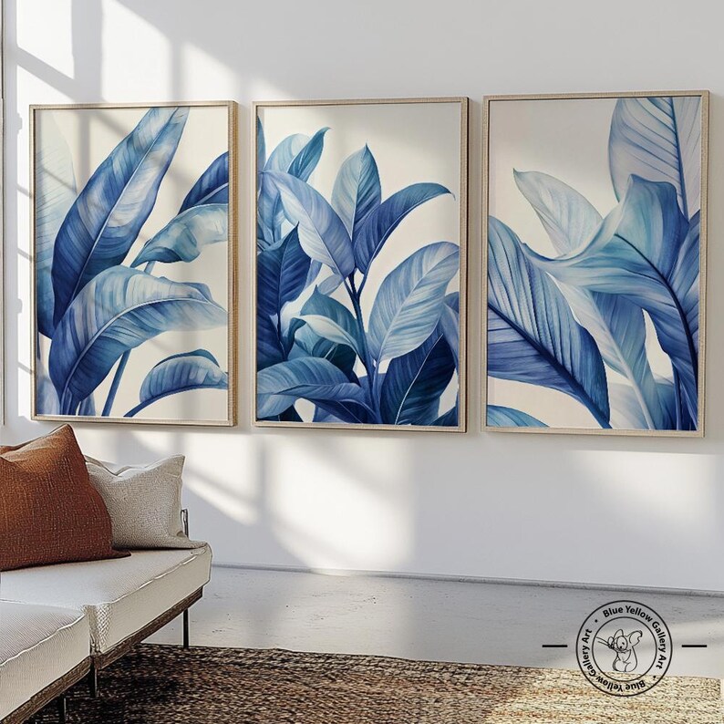 Navy Blue Tropical Leaves Set of 3 Prints. Modern Botanical Wall Art ...
