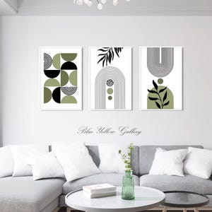 Black olive green boho printable art set of 3 prints. Mid century modern abstract wall art, neutral room decor aesthetic boho posters